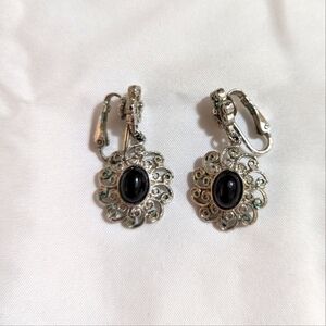 Vintage AMWAY Silver with Black Stone Clip-on Earrings